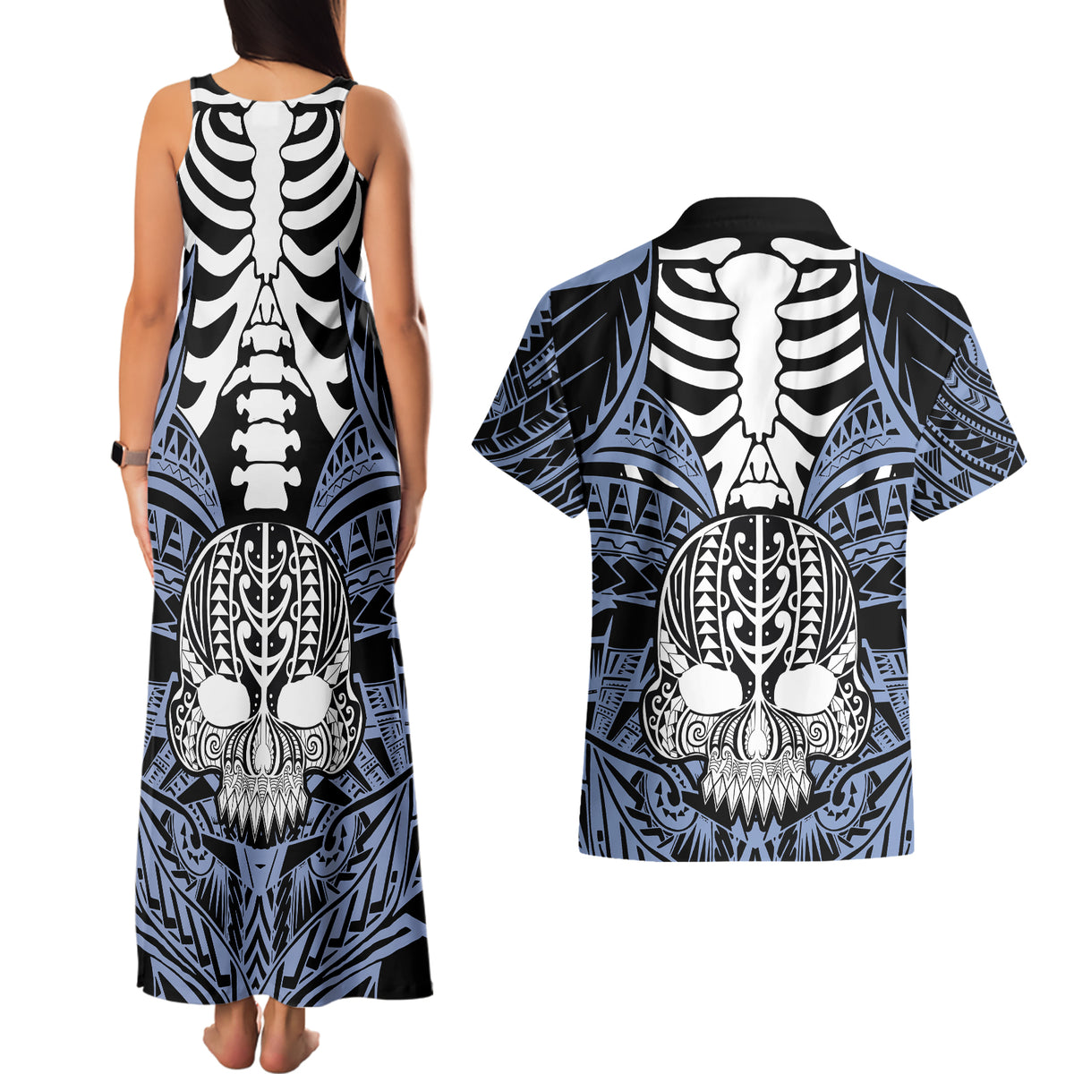 Personalised Polynesia Skull Couples Matching Tank Maxi Dress and Hawaiian Shirt With Boars Tusk Blue Arty Vibe LT9 - Polynesian Pride