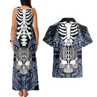 Personalised Polynesia Skull Couples Matching Tank Maxi Dress and Hawaiian Shirt With Boars Tusk Blue Arty Vibe LT9 - Polynesian Pride