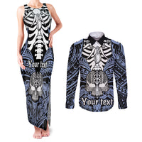 Personalised Polynesia Skull Couples Matching Tank Maxi Dress and Long Sleeve Button Shirts With Boars Tusk Blue Arty Vibe LT9 Blue - Polynesian Pride