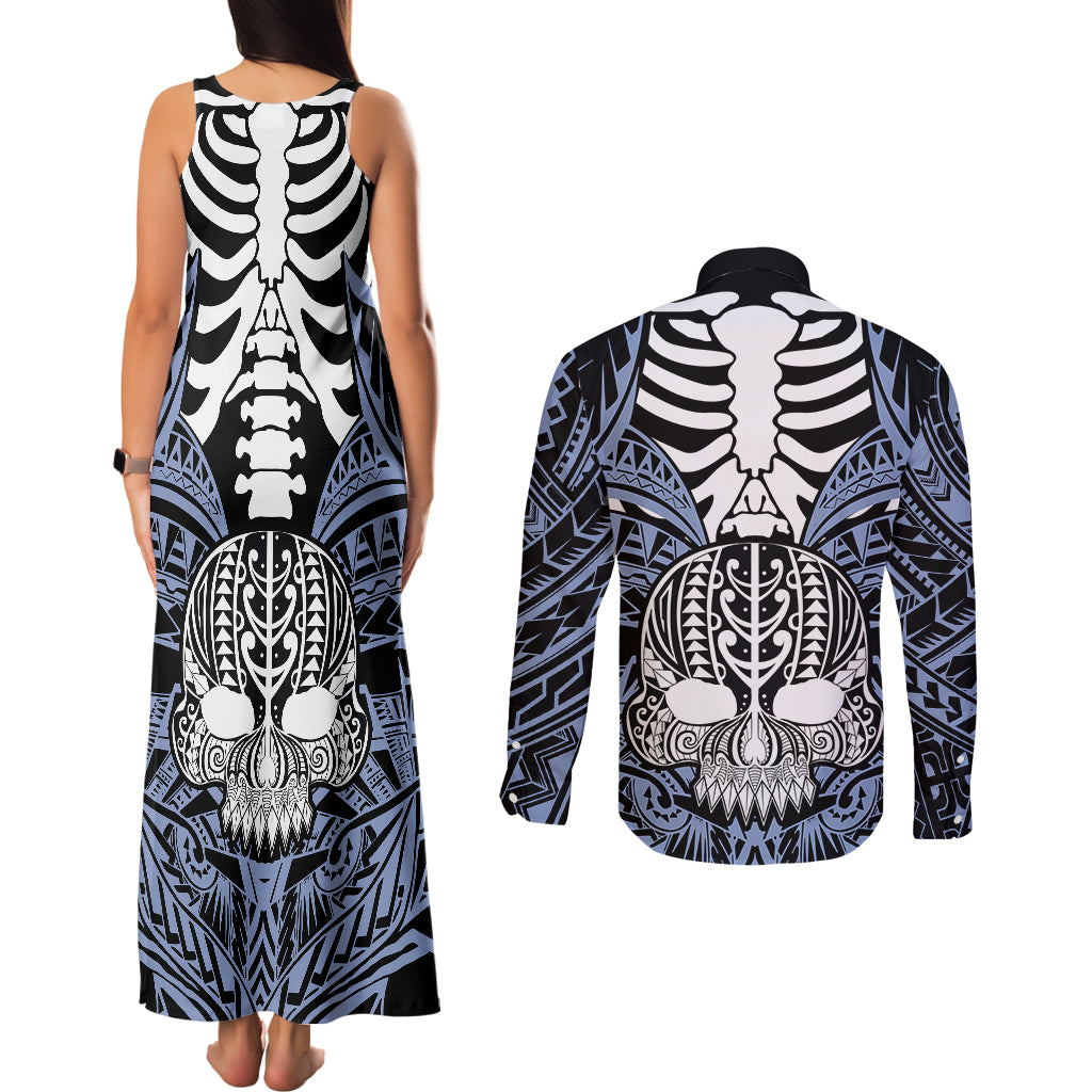 Personalised Polynesia Skull Couples Matching Tank Maxi Dress and Long Sleeve Button Shirts With Boars Tusk Blue Arty Vibe LT9 - Polynesian Pride