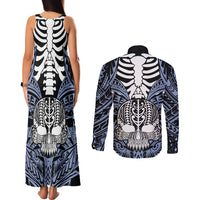 Personalised Polynesia Skull Couples Matching Tank Maxi Dress and Long Sleeve Button Shirts With Boars Tusk Blue Arty Vibe LT9 - Polynesian Pride