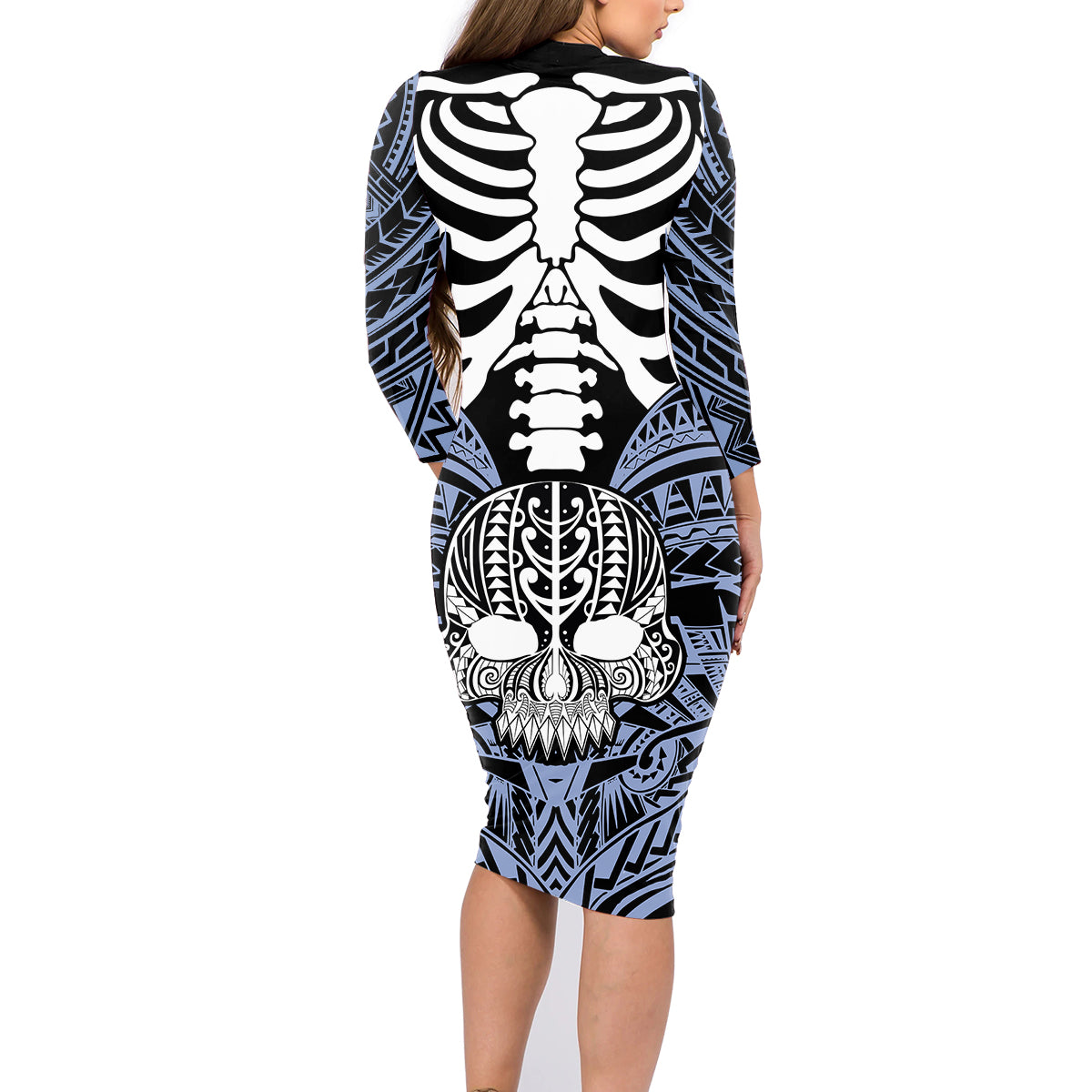 personalised-polynesia-skull-family-matching-long-sleeve-bodycon-dress-and-hawaiian-shirt-with-boars-tusk-blue-arty-vibe