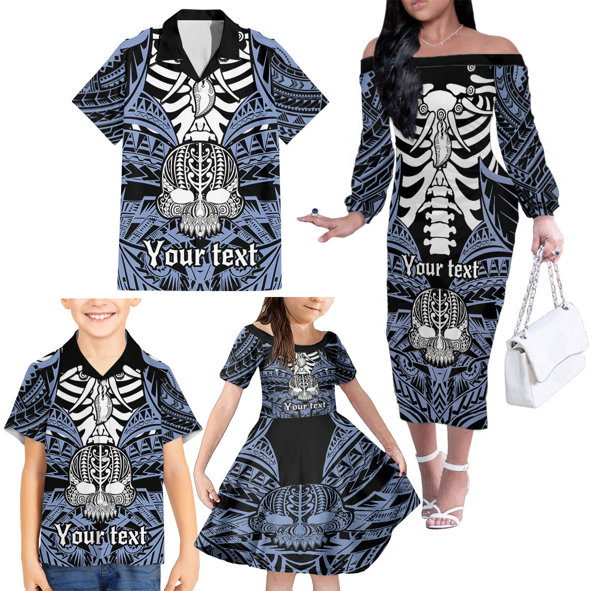 personalised-polynesia-skull-family-matching-off-shoulder-long-sleeve-dress-and-hawaiian-shirt-with-boars-tusk-blue-arty-vibe