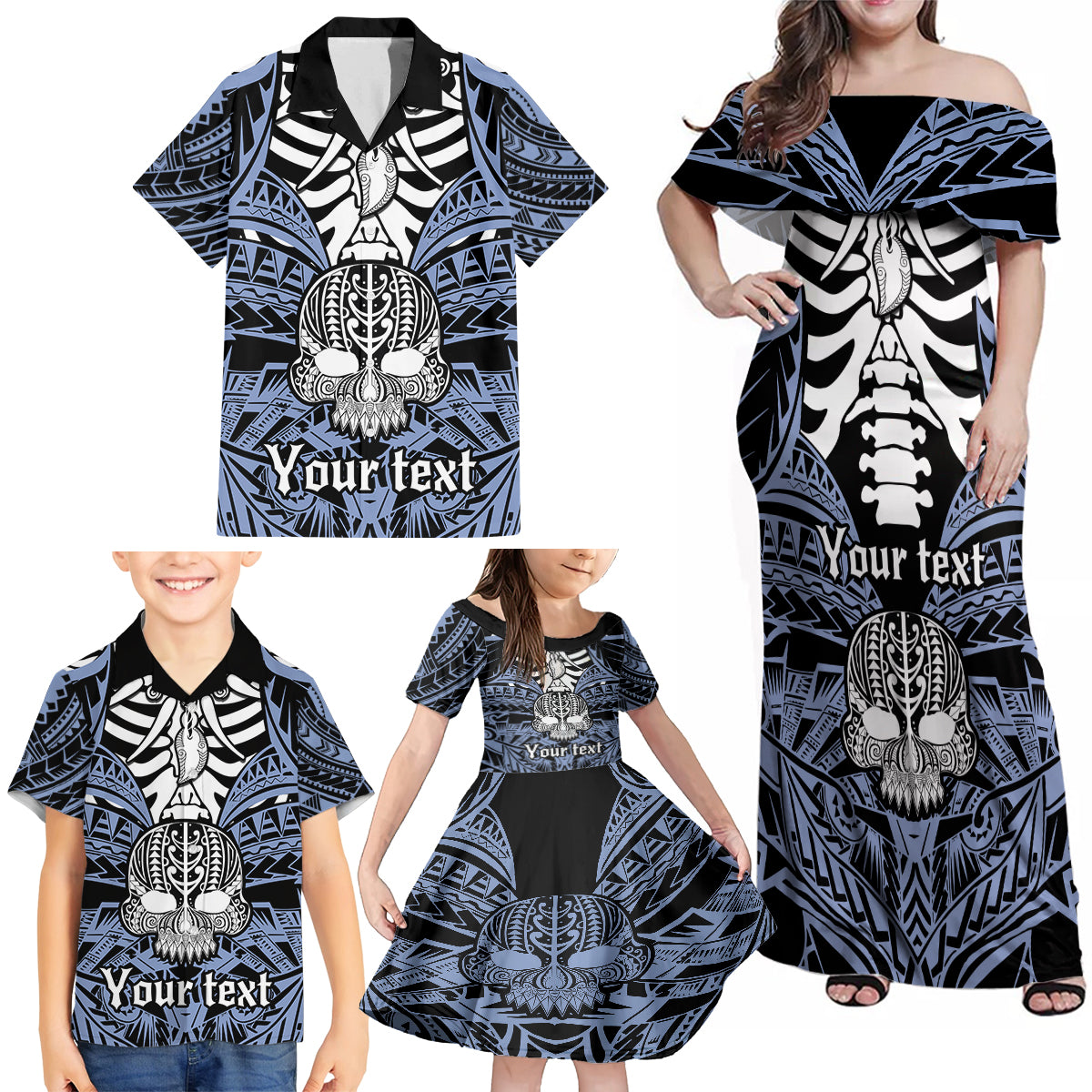 personalised-polynesia-skull-family-matching-off-shoulder-maxi-dress-and-hawaiian-shirt-with-boars-tusk-blue-arty-vibe