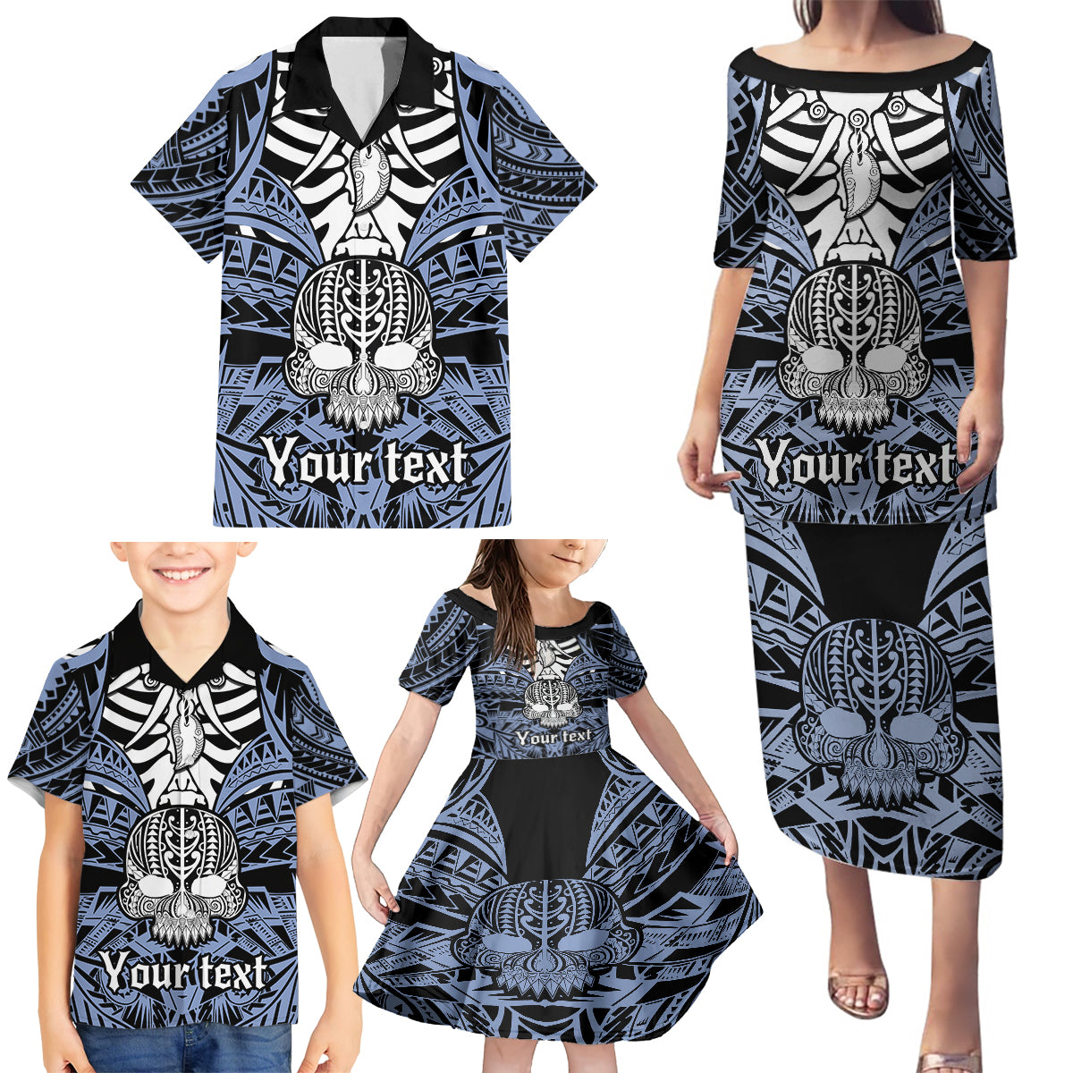 Personalised Polynesia Skull Family Matching Puletasi Dress and Hawaiian Shirt With Boars Tusk Blue Arty Vibe LT9 - Polynesian Pride