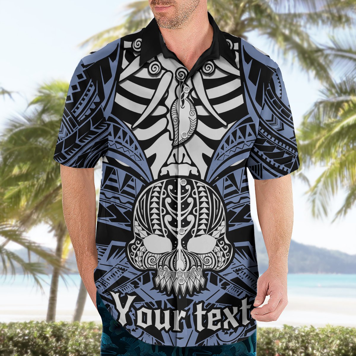 Personalised Polynesia Skull Hawaiian Shirt With Boars Tusk Blue Arty Vibe LT9 - Polynesian Pride