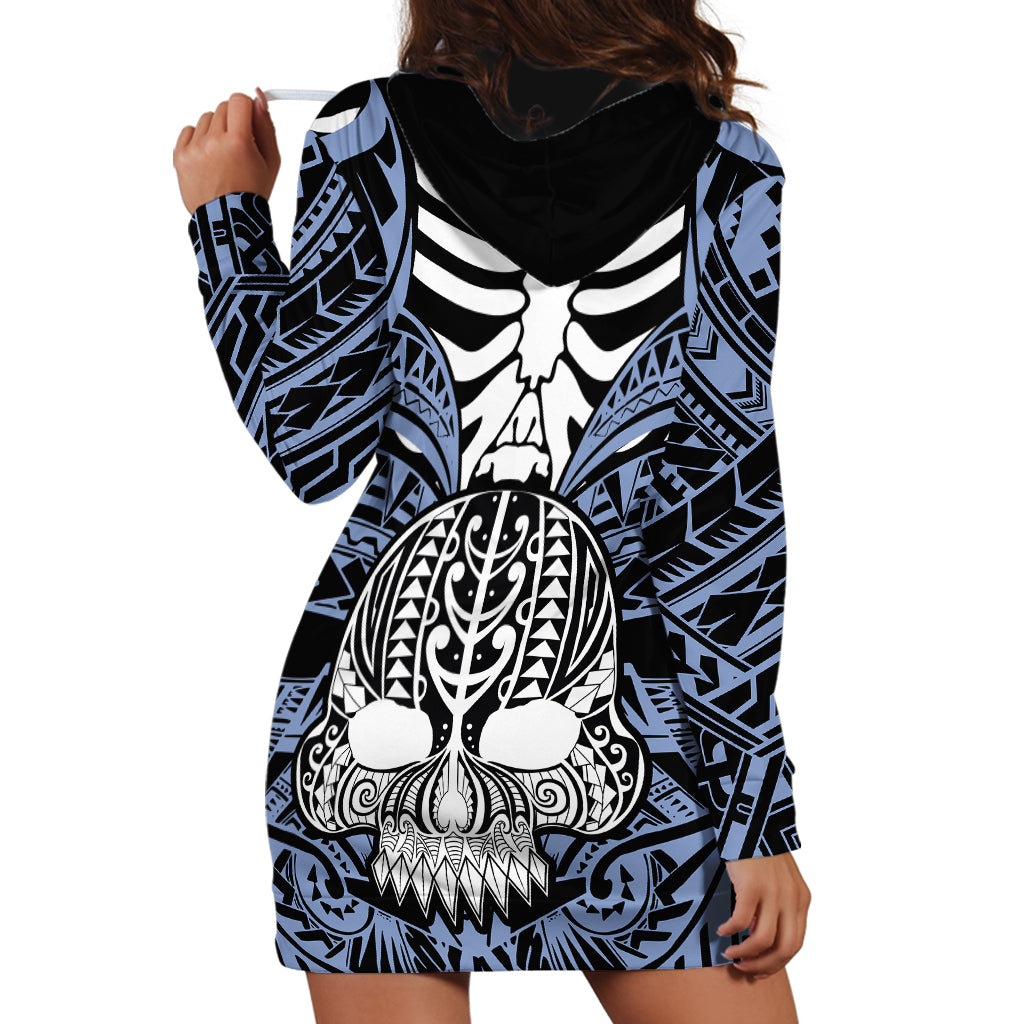 Personalised Polynesia Skull Hoodie Dress With Boars Tusk Blue Arty Vibe LT9 - Polynesian Pride