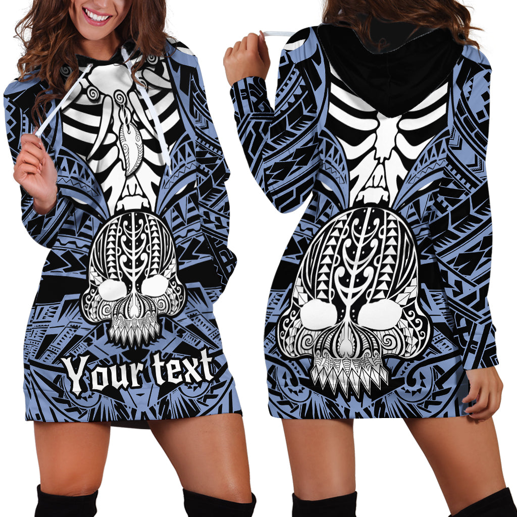 Personalised Polynesia Skull Hoodie Dress With Boars Tusk Blue Arty Vibe LT9 - Polynesian Pride