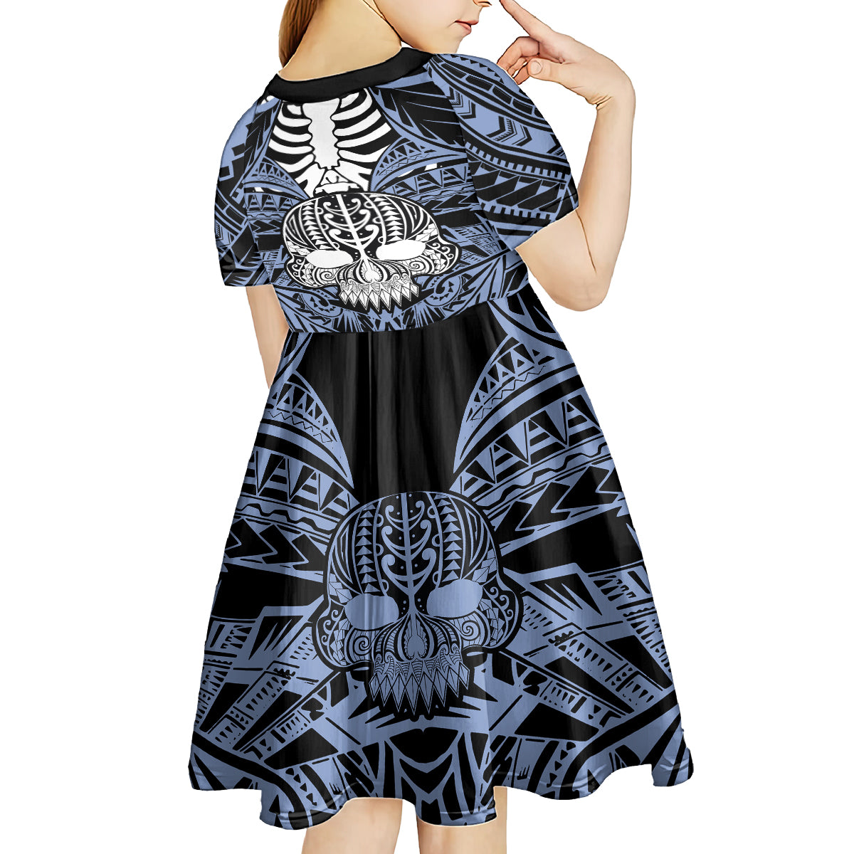 personalised-polynesia-skull-kid-short-sleeve-dress-with-boars-tusk-blue-arty-vibe