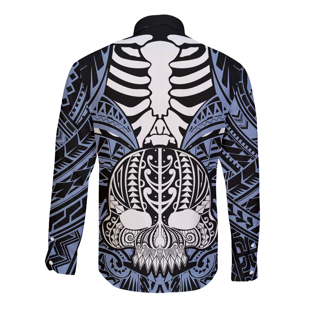 personalised-polynesia-skull-long-sleeve-button-shirt-with-boars-tusk-blue-arty-vibe