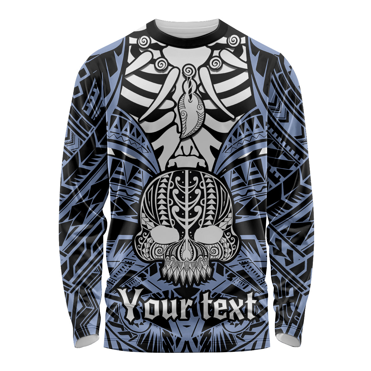 Personalised Polynesia Skull Long Sleeve Shirt With Boars Tusk Blue Arty Vibe LT9 Unisex Blue - Polynesian Pride