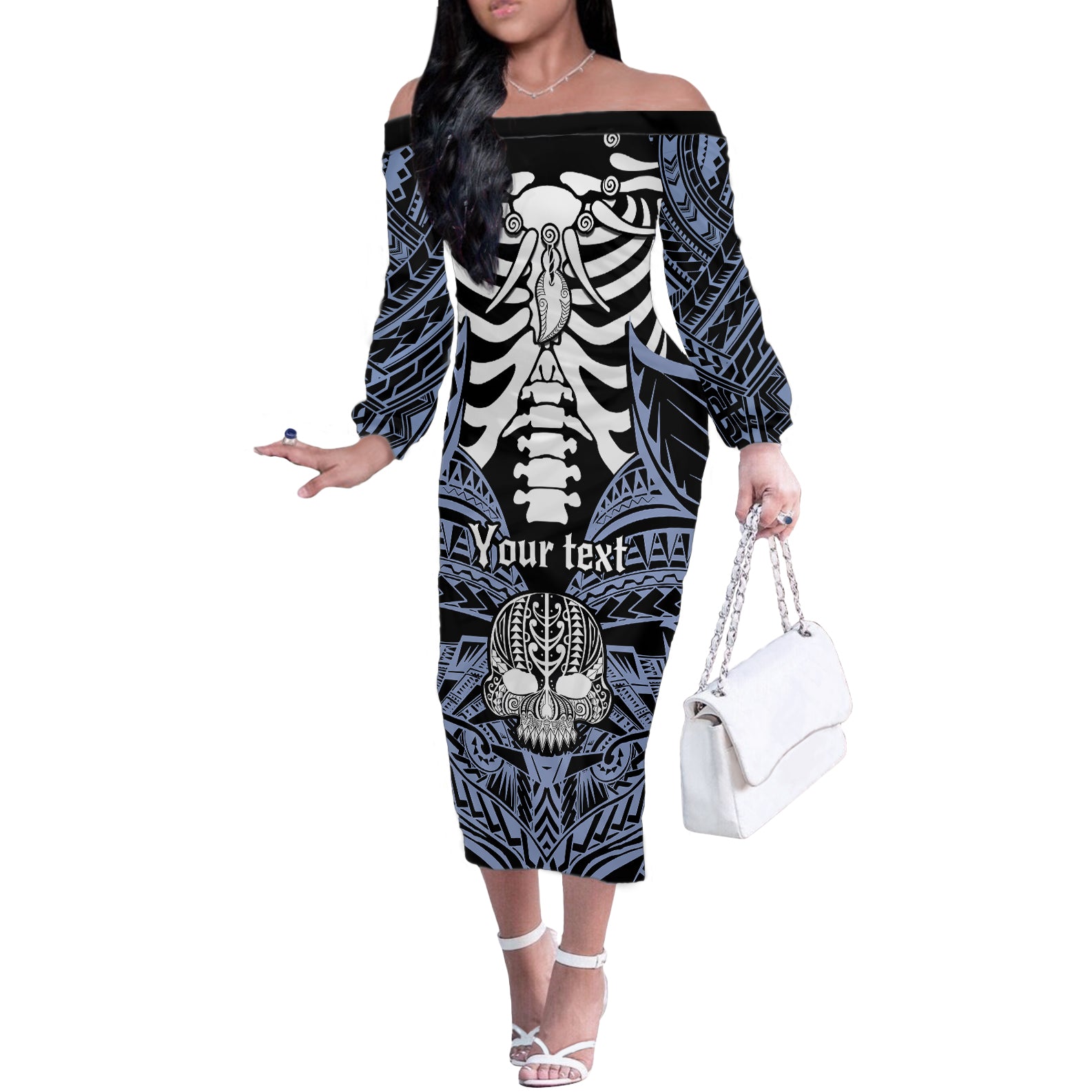 personalised-polynesia-skull-off-the-shoulder-long-sleeve-dress-with-boars-tusk-blue-arty-vibe