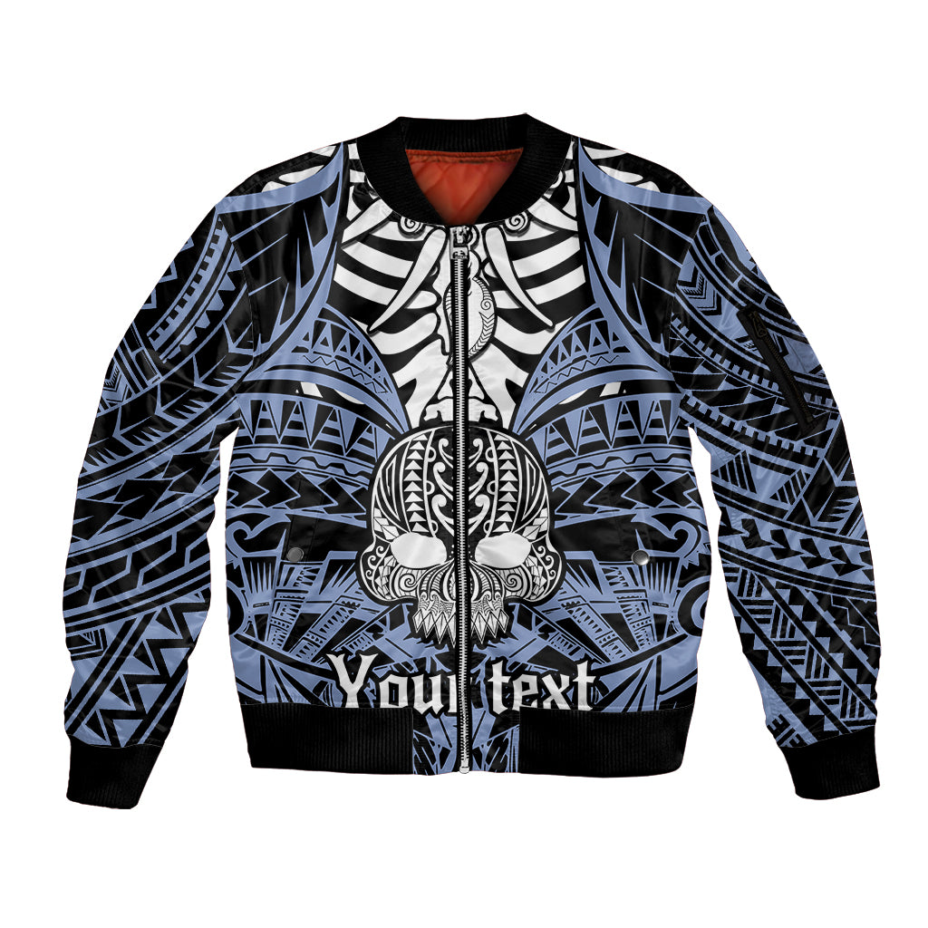 Personalised Polynesia Skull Sleeve Zip Bomber Jacket With Boars Tusk Blue Arty Vibe LT9 Unisex Blue - Polynesian Pride