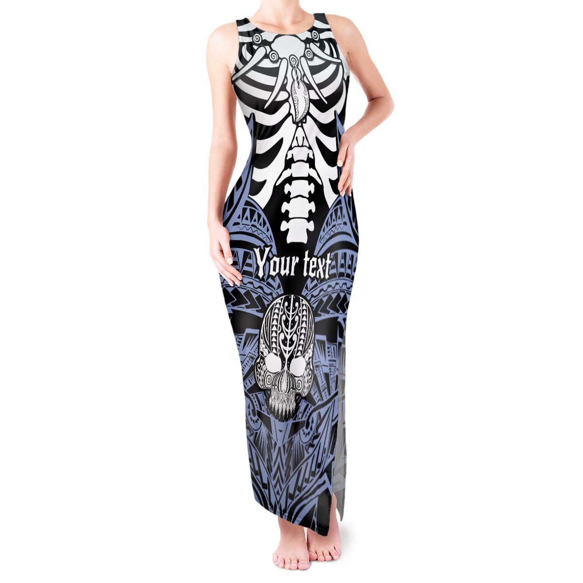 Personalised Polynesia Skull Tank Maxi Dress With Boars Tusk Blue Arty Vibe LT9 Women Blue - Polynesian Pride