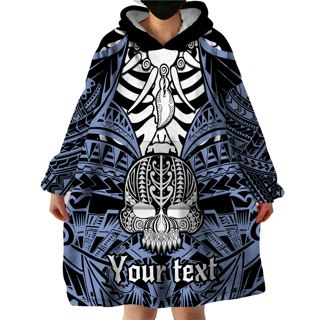 Personalised Polynesia Skull Wearable Blanket Hoodie With Boars Tusk Blue Arty Vibe LT9 - Polynesian Pride