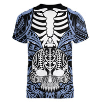 personalised-polynesia-skull-women-v-neck-t-shirt-with-boars-tusk-blue-arty-vibe