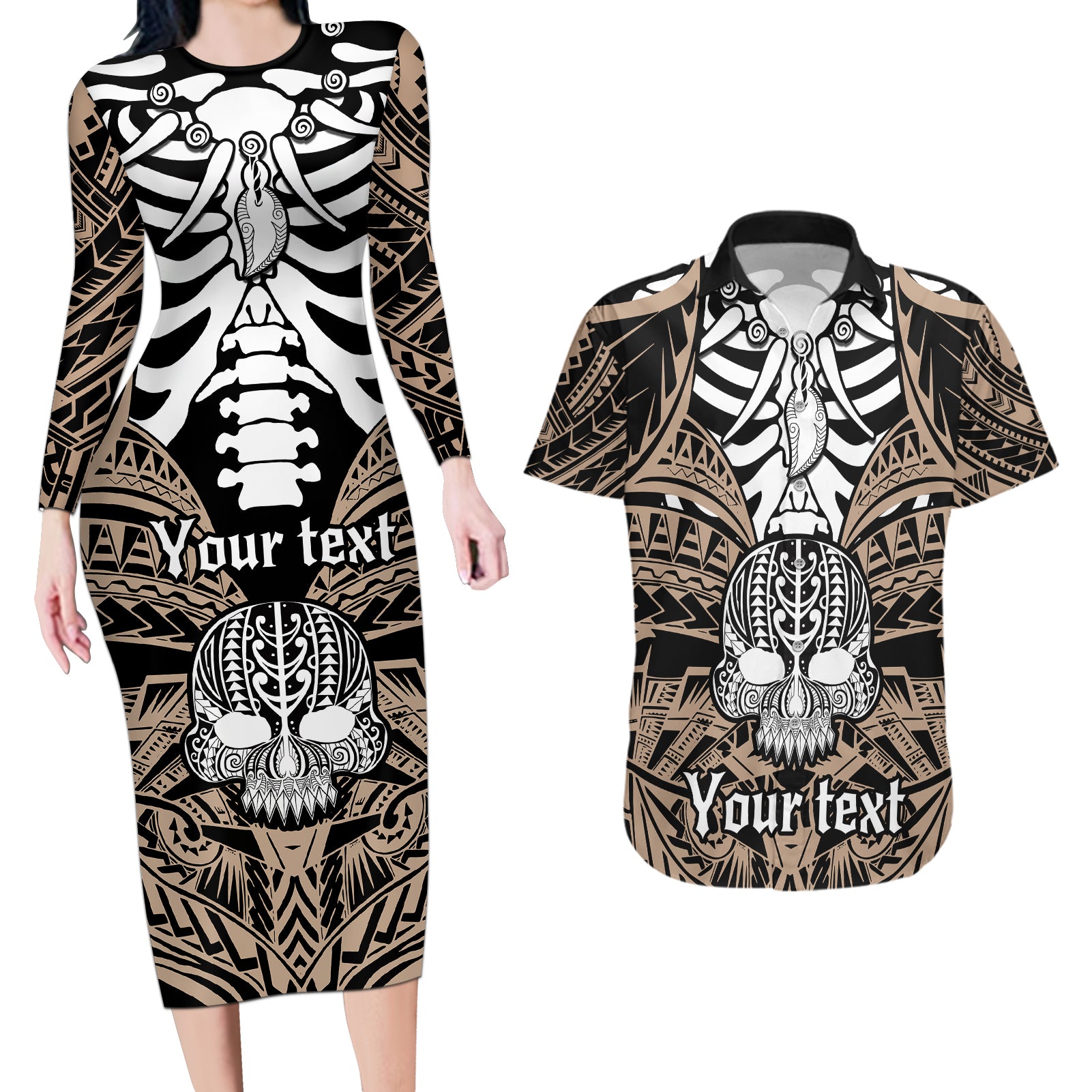 personalised-polynesia-skull-couples-matching-long-sleeve-bodycon-dress-and-hawaiian-shirt-with-boars-tusk-gold-arty-vibe