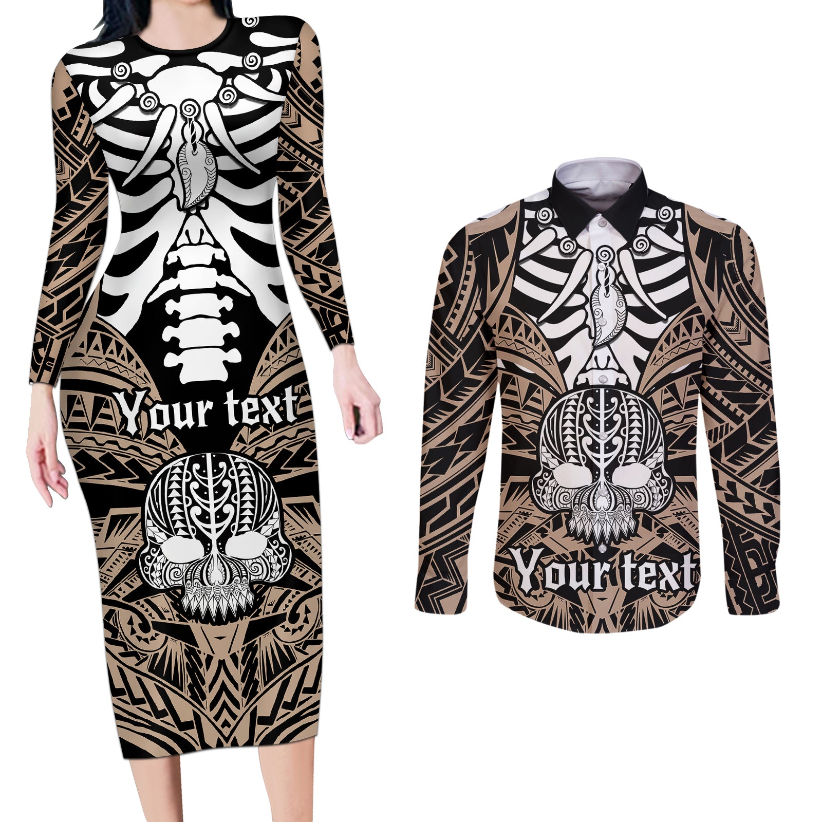 Personalised Polynesia Skull Couples Matching Long Sleeve Bodycon Dress and Long Sleeve Button Shirts With Boars Tusk Gold Arty Vibe LT9 Gold - Polynesian Pride