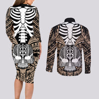 Personalised Polynesia Skull Couples Matching Long Sleeve Bodycon Dress and Long Sleeve Button Shirts With Boars Tusk Gold Arty Vibe LT9 - Polynesian Pride