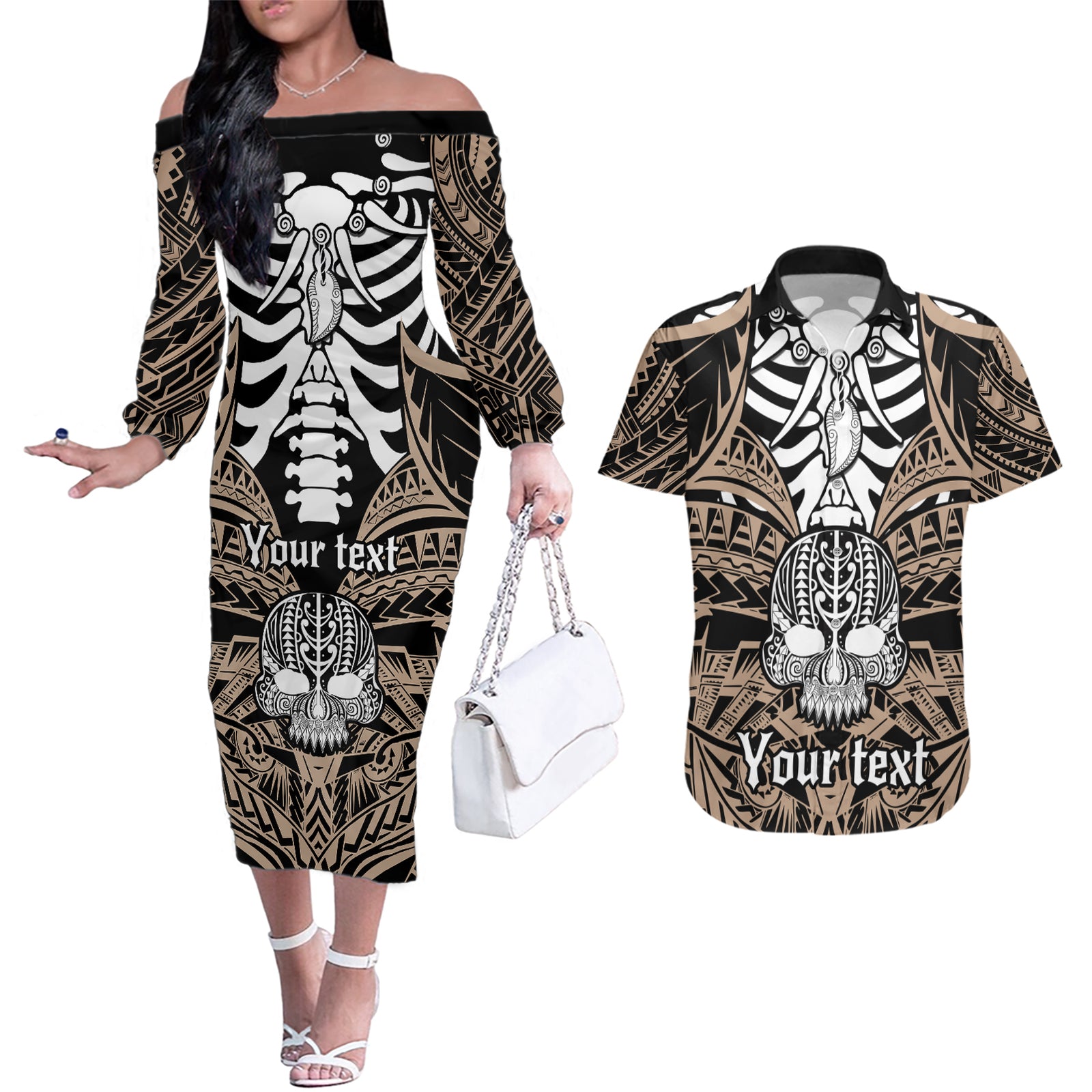 Personalised Polynesia Skull Couples Matching Off The Shoulder Long Sleeve Dress and Hawaiian Shirt With Boars Tusk Gold Arty Vibe LT9 Gold - Polynesian Pride