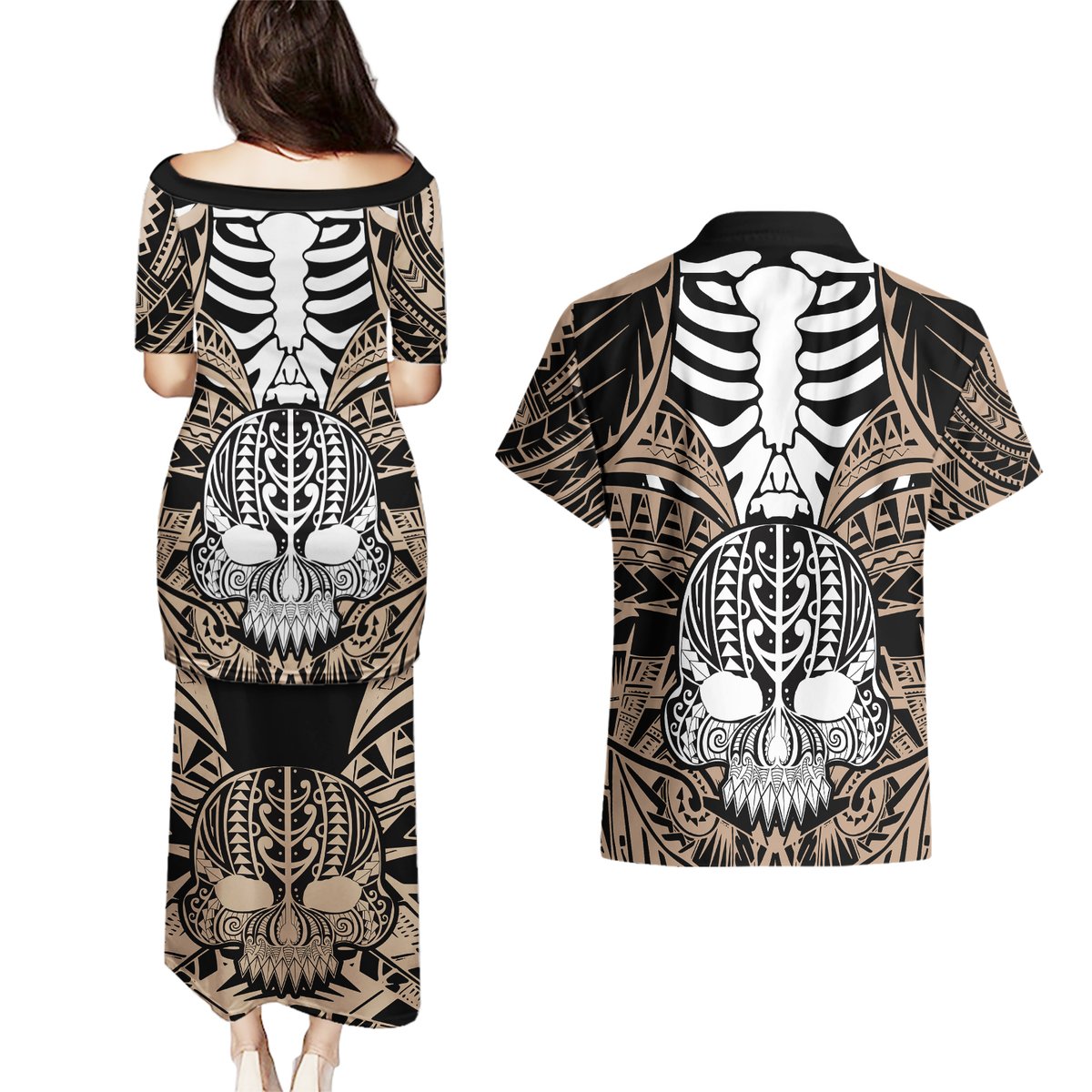 Personalised Polynesia Skull Couples Matching Puletasi Dress and Hawaiian Shirt With Boars Tusk Gold Arty Vibe LT9 - Polynesian Pride