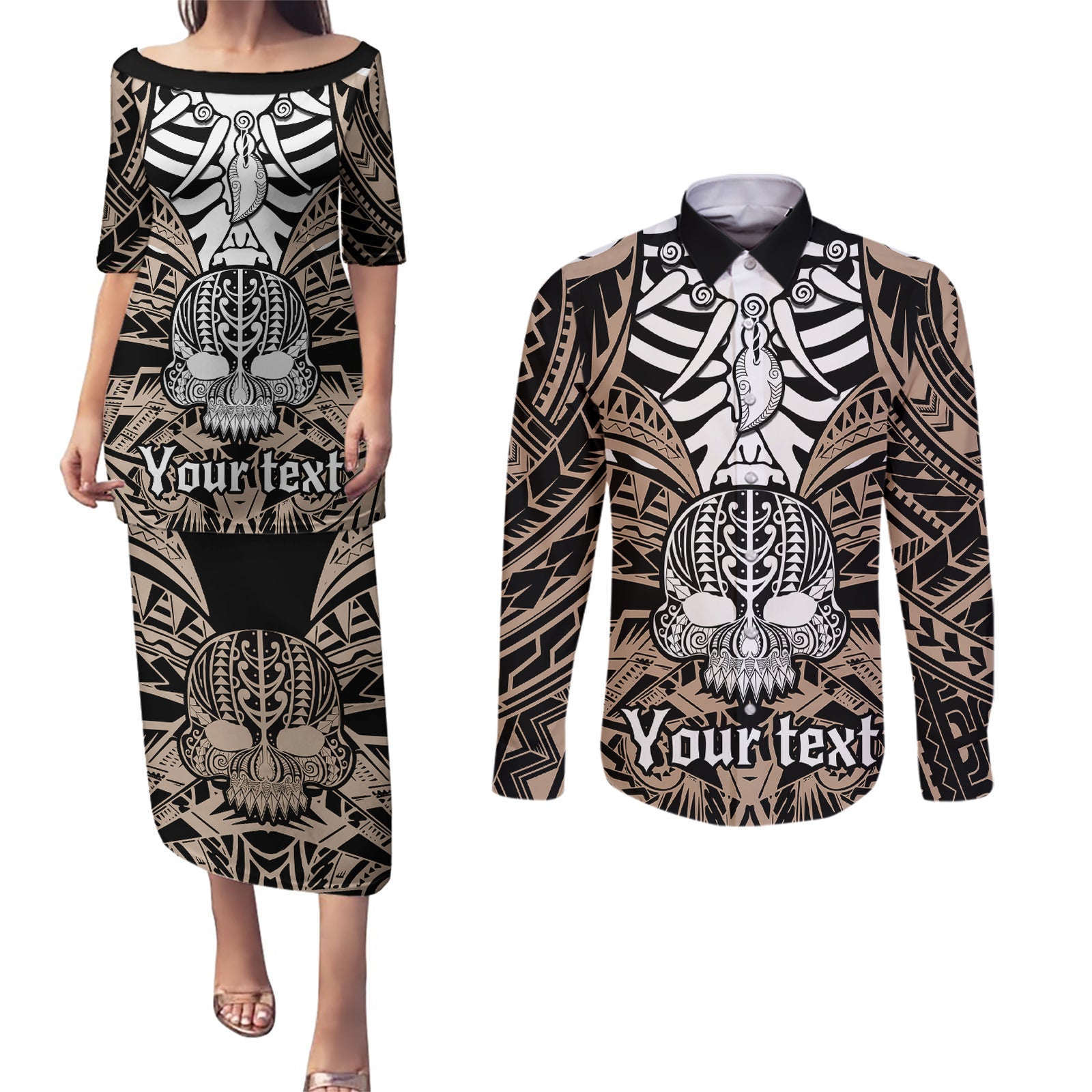 Personalised Polynesia Skull Couples Matching Puletasi Dress and Long Sleeve Button Shirts With Boars Tusk Gold Arty Vibe LT9 Gold - Polynesian Pride