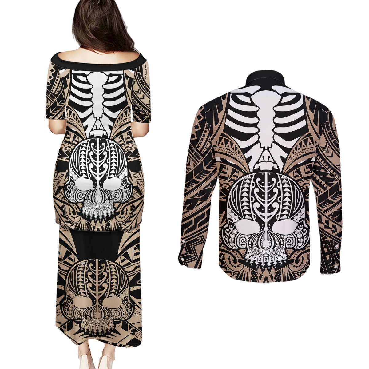 Personalised Polynesia Skull Couples Matching Puletasi Dress and Long Sleeve Button Shirts With Boars Tusk Gold Arty Vibe LT9 - Polynesian Pride