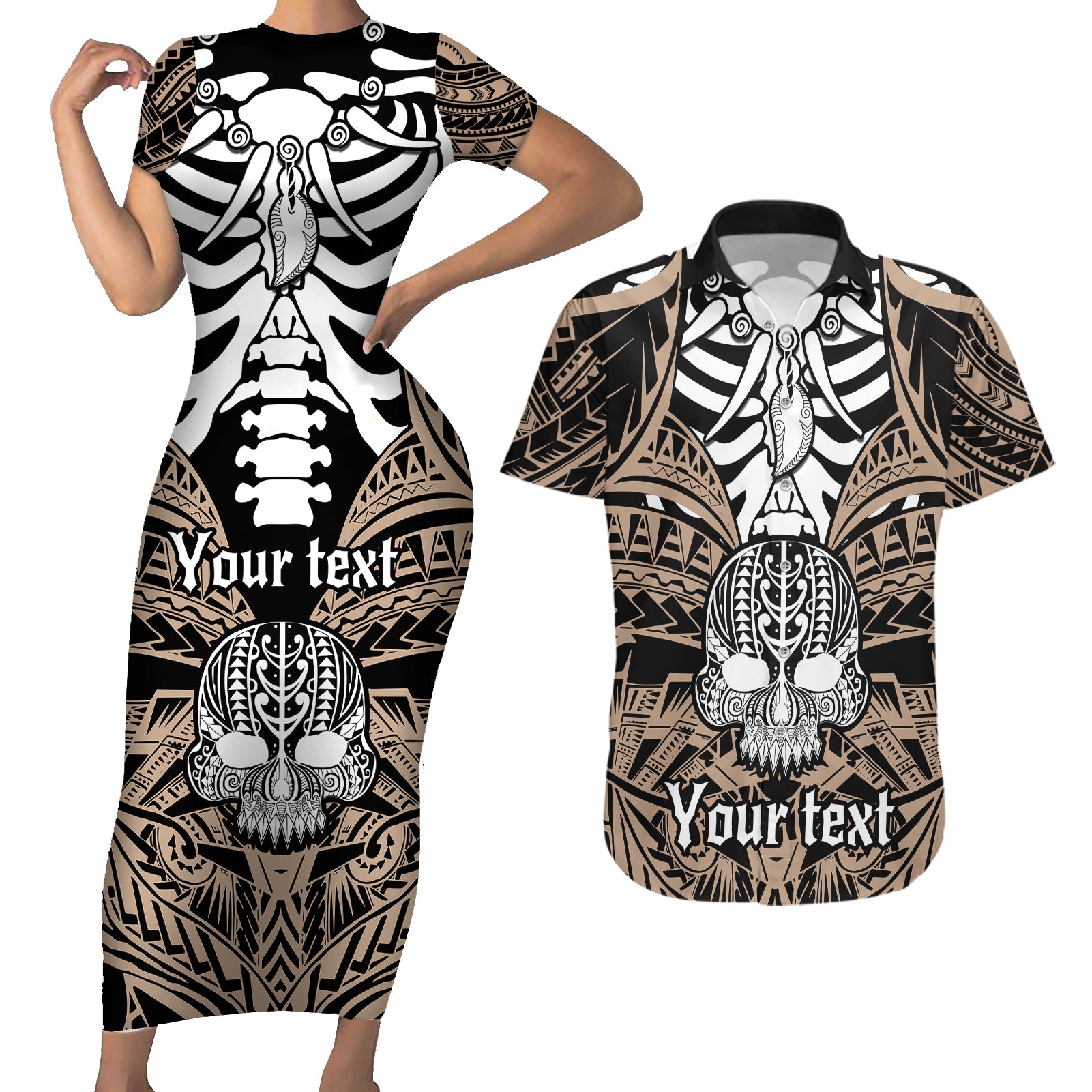 personalised-polynesia-skull-couples-matching-short-sleeve-bodycon-dress-and-hawaiian-shirt-with-boars-tusk-gold-arty-vibe