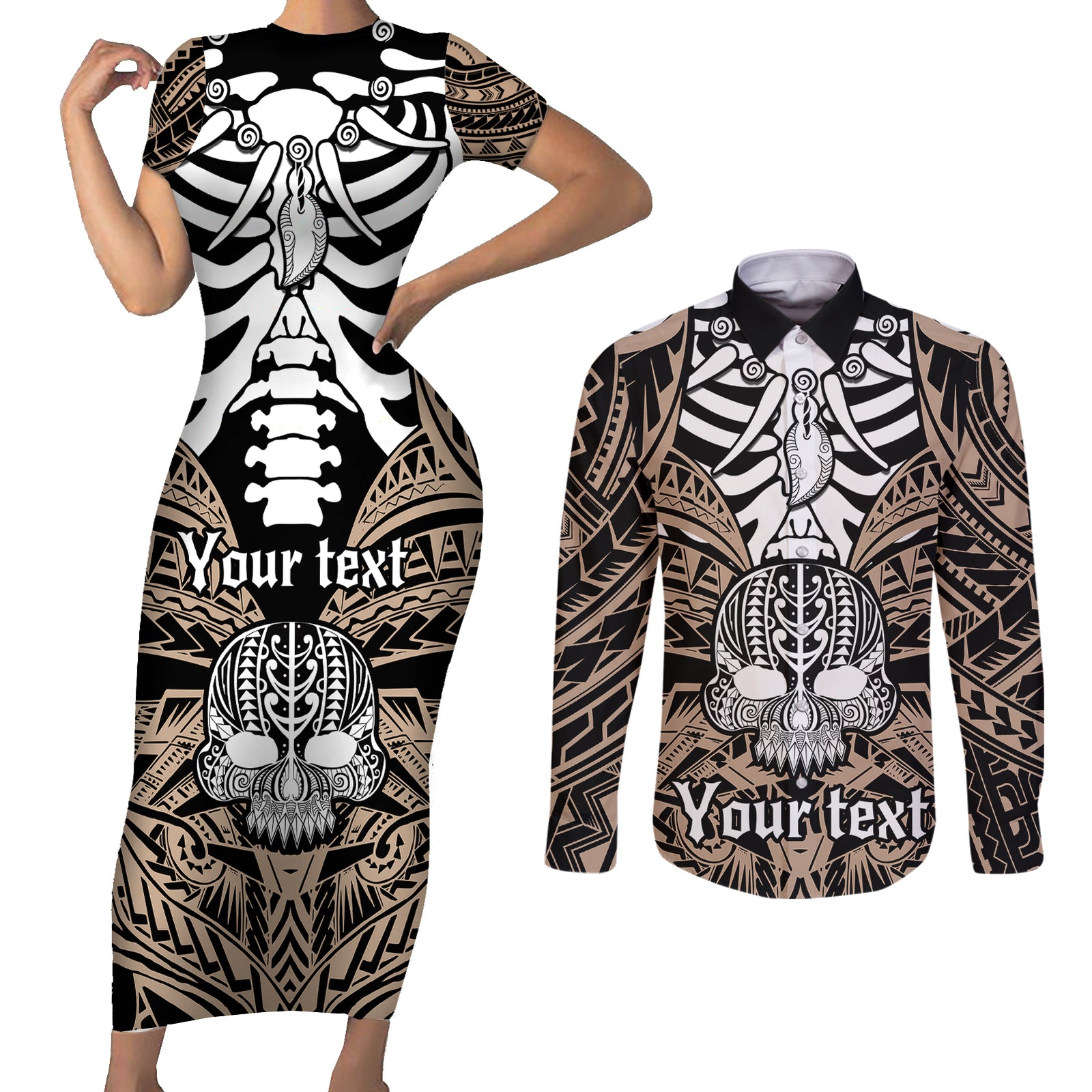 Personalised Polynesia Skull Couples Matching Short Sleeve Bodycon Dress and Long Sleeve Button Shirts With Boars Tusk Gold Arty Vibe LT9 Gold - Polynesian Pride