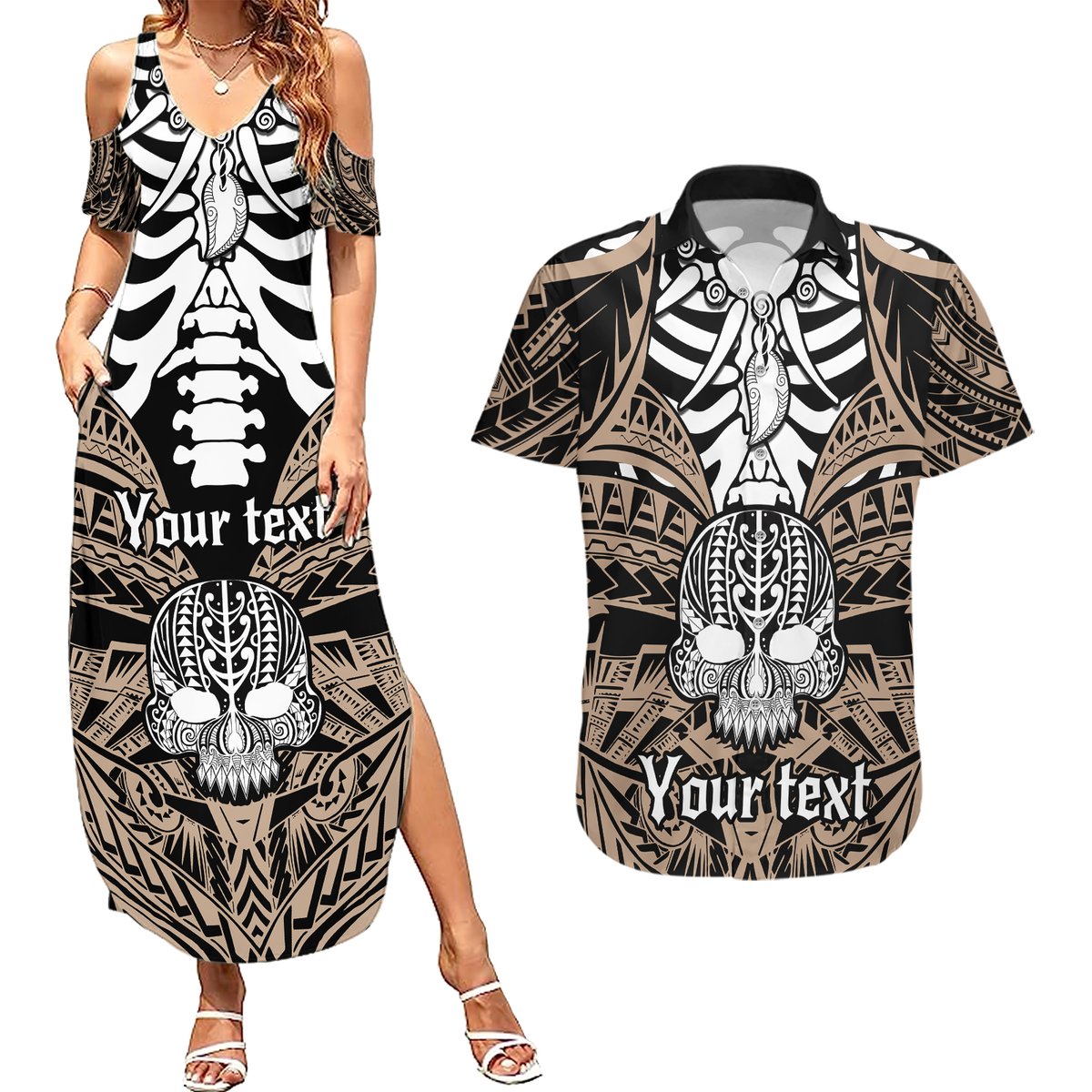 Personalised Polynesia Skull Couples Matching Summer Maxi Dress and Hawaiian Shirt With Boars Tusk Gold Arty Vibe LT9 Gold - Polynesian Pride