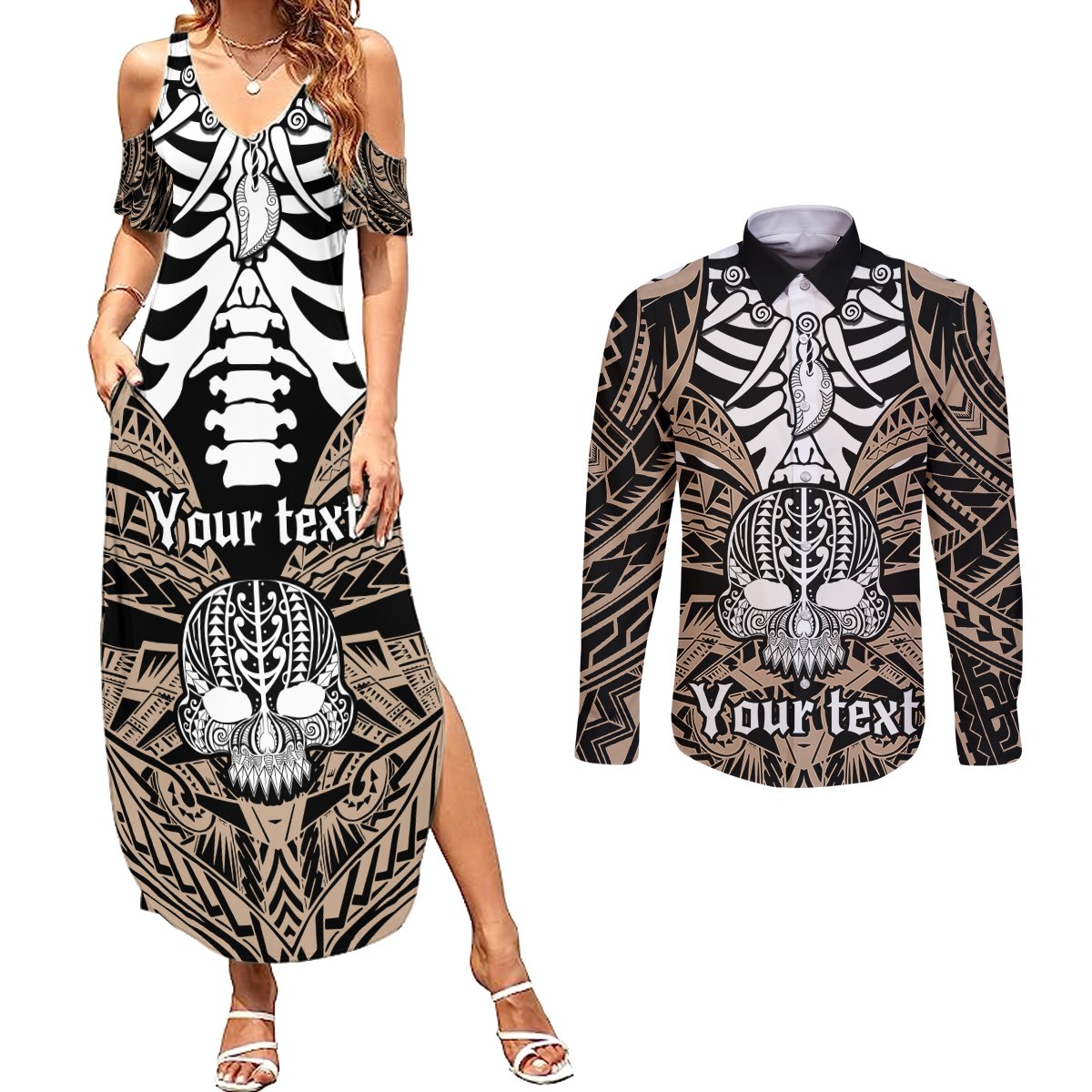 Personalised Polynesia Skull Couples Matching Summer Maxi Dress and Long Sleeve Button Shirts With Boars Tusk Gold Arty Vibe LT9 Gold - Polynesian Pride