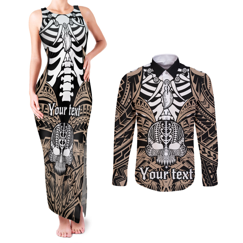 Personalised Polynesia Skull Couples Matching Tank Maxi Dress and Long Sleeve Button Shirts With Boars Tusk Gold Arty Vibe LT9 Gold - Polynesian Pride