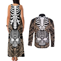 Personalised Polynesia Skull Couples Matching Tank Maxi Dress and Long Sleeve Button Shirts With Boars Tusk Gold Arty Vibe LT9 - Polynesian Pride