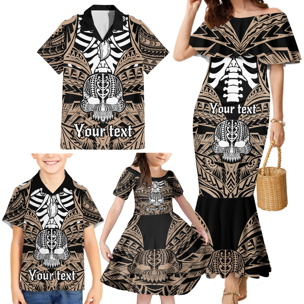 personalised-polynesia-skull-family-matching-mermaid-dress-and-hawaiian-shirt-with-boars-tusk-gold-arty-vibe