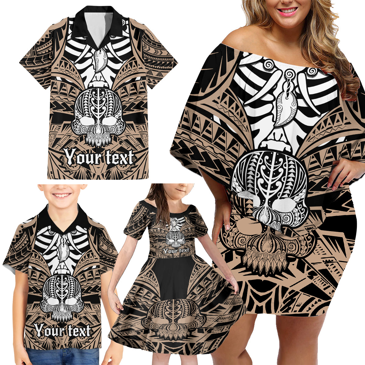 personalised-polynesia-skull-family-matching-off-shoulder-short-dress-and-hawaiian-shirt-with-boars-tusk-gold-arty-vibe