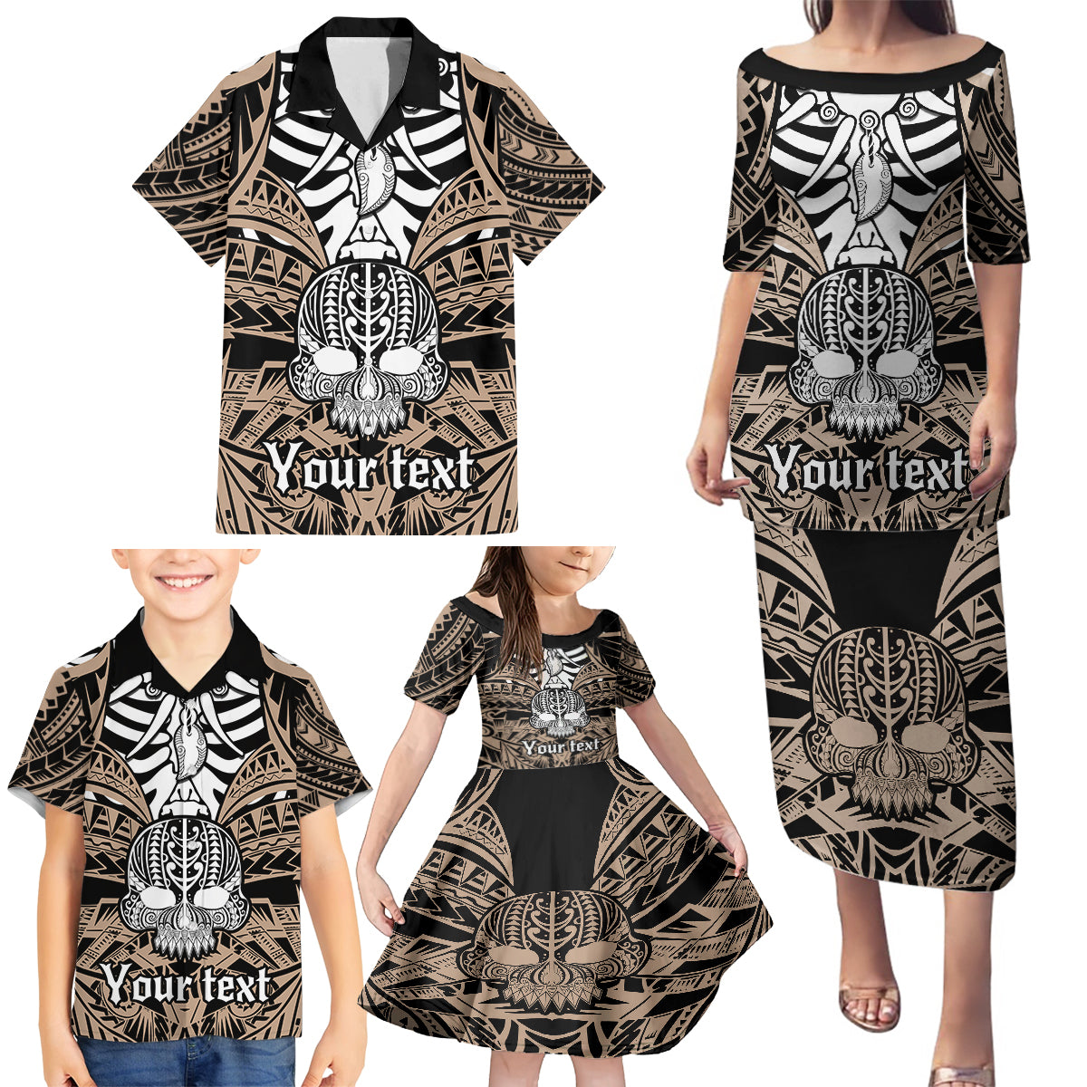 Personalised Polynesia Skull Family Matching Puletasi Dress and Hawaiian Shirt With Boars Tusk Gold Arty Vibe LT9 - Polynesian Pride