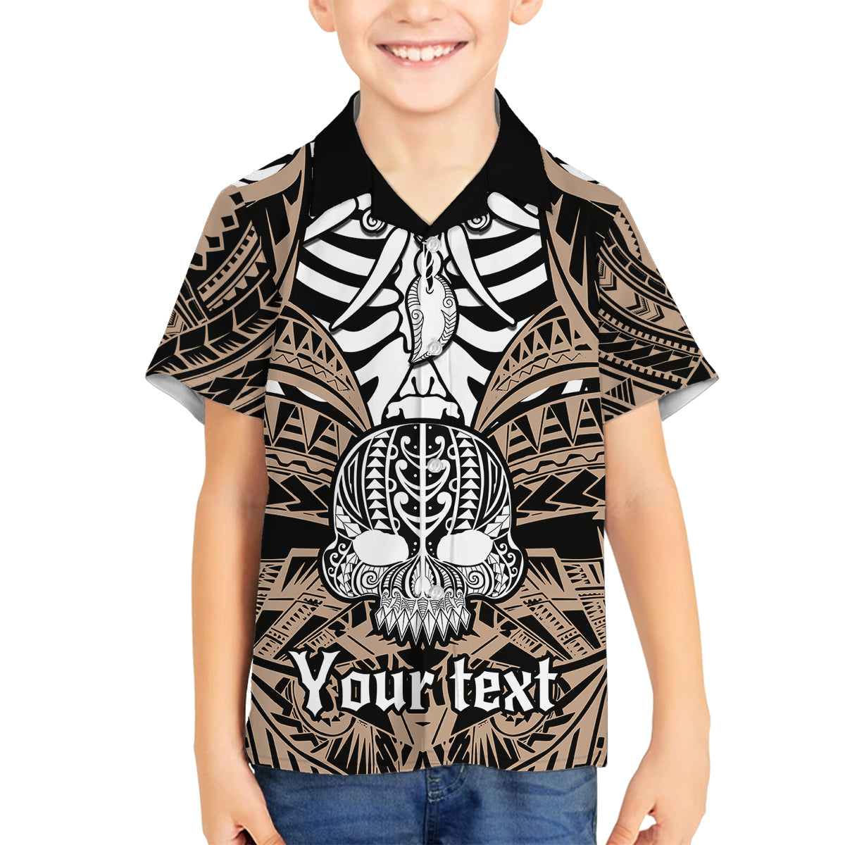 personalised-polynesia-skull-family-matching-summer-maxi-dress-and-hawaiian-shirt-with-boars-tusk-gold-arty-vibe