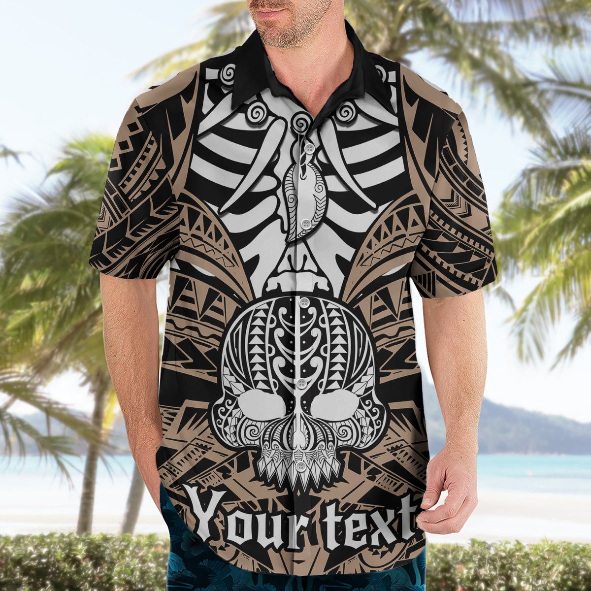 Personalised Polynesia Skull Hawaiian Shirt With Boars Tusk Gold Arty Vibe LT9 - Polynesian Pride