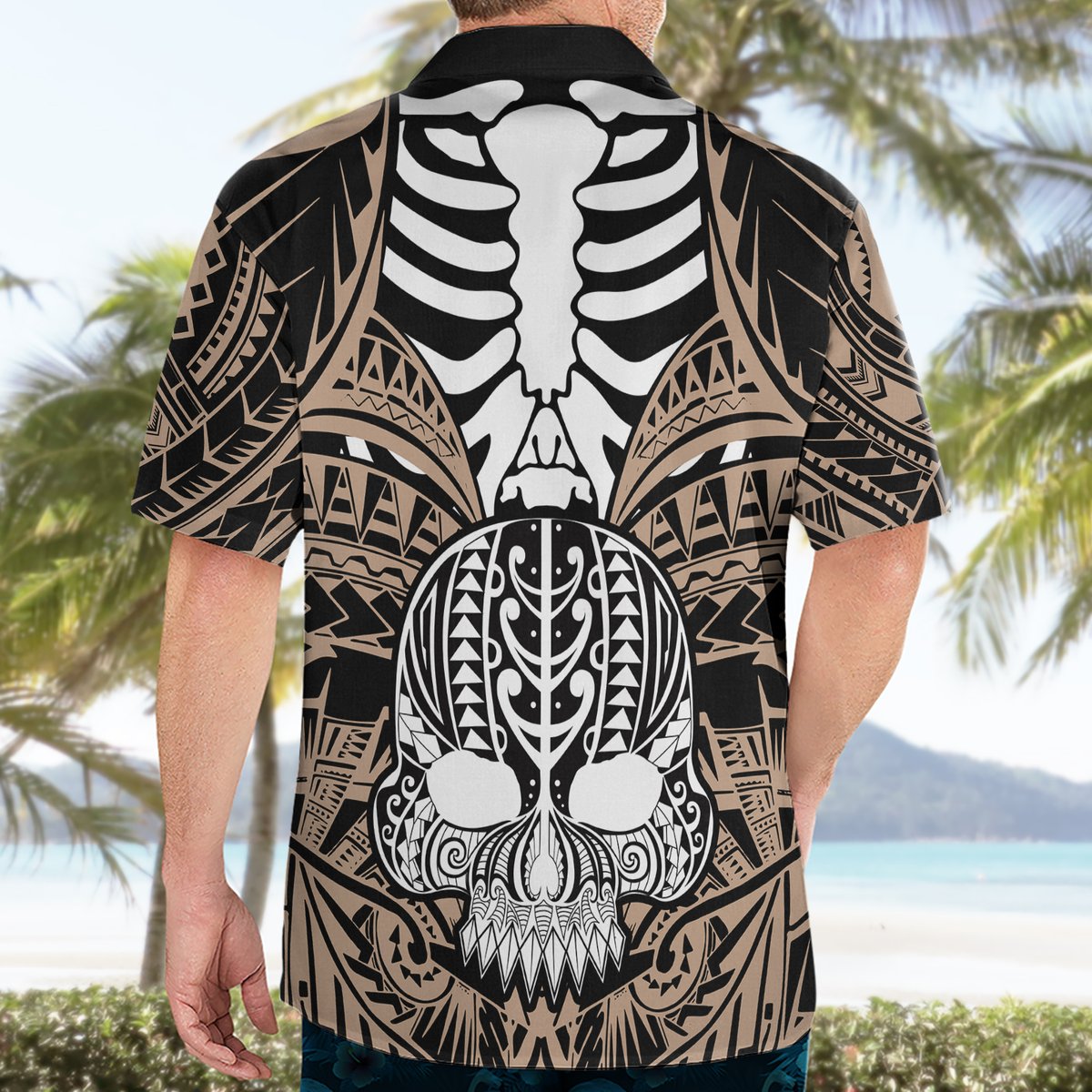 Personalised Polynesia Skull Hawaiian Shirt With Boars Tusk Gold Arty Vibe LT9 - Polynesian Pride