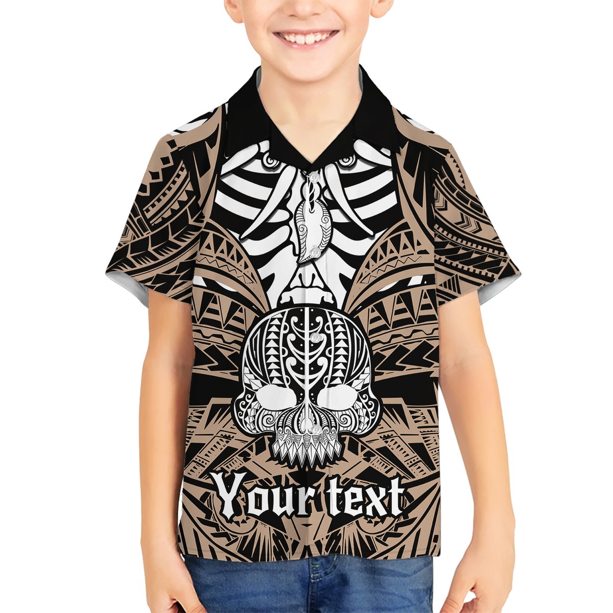 Personalised Polynesia Skull Hawaiian Shirt With Boars Tusk Gold Arty Vibe LT9 - Polynesian Pride