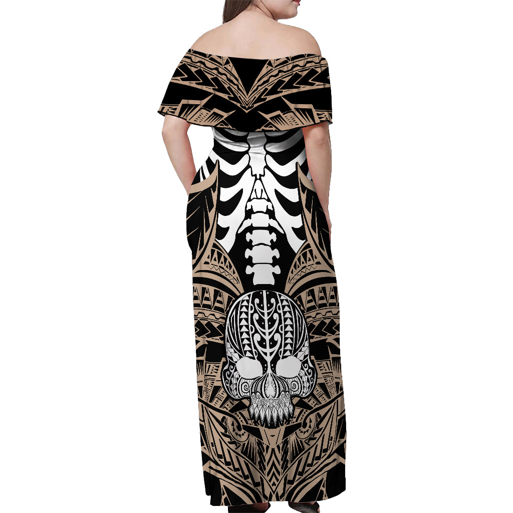 Personalised Polynesia Skull Off Shoulder Maxi Dress With Boars Tusk Gold Arty Vibe LT9 - Polynesian Pride