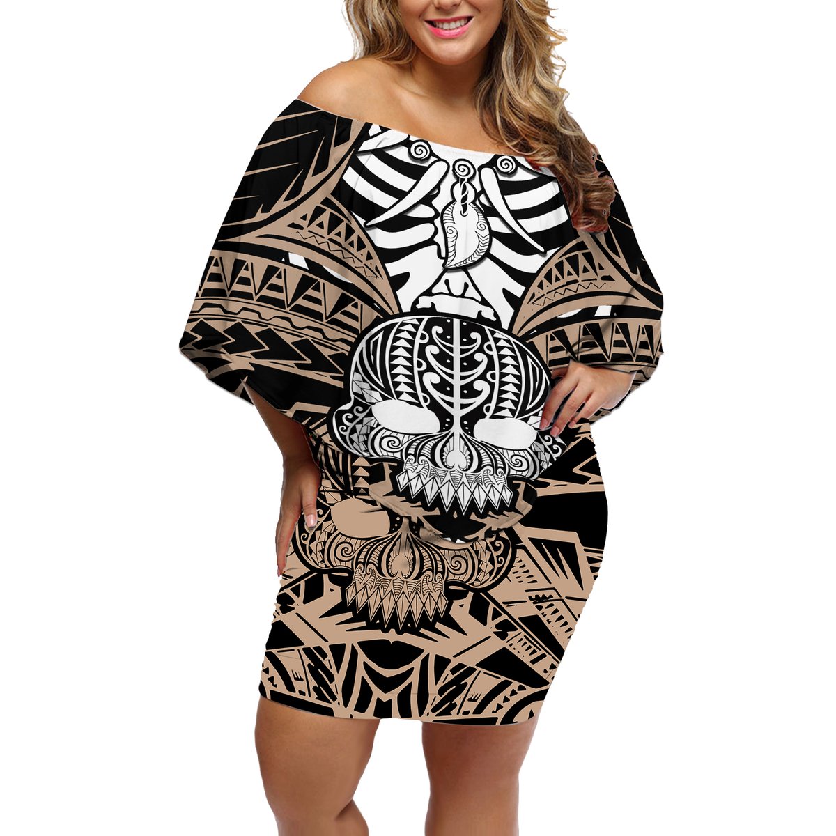 Personalised Polynesia Skull Off Shoulder Short Dress With Boars Tusk Gold Arty Vibe LT9 Women Gold - Polynesian Pride