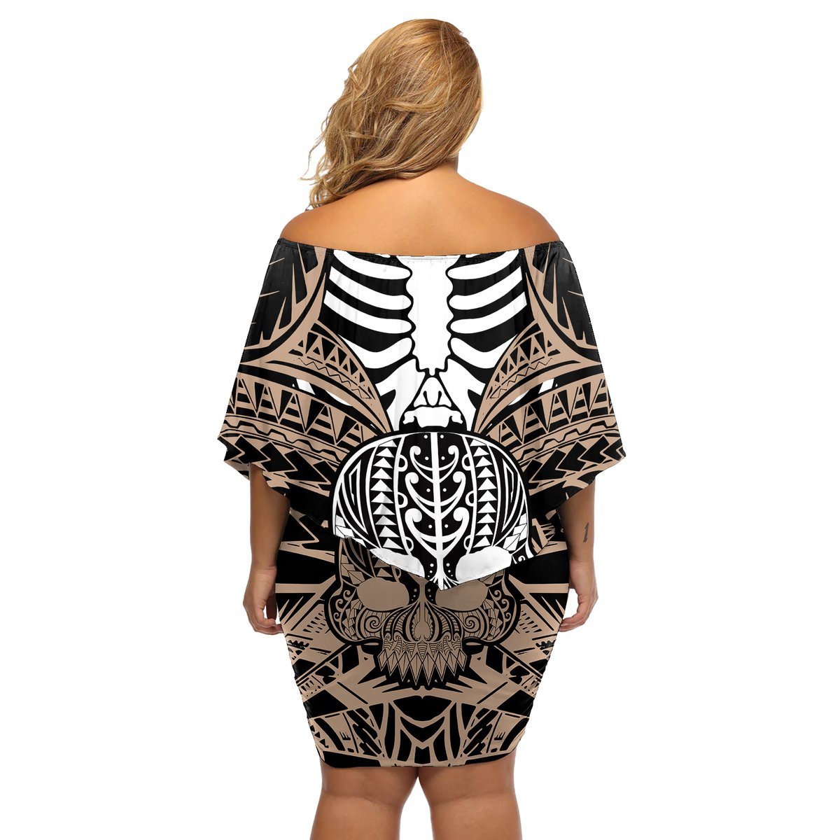 Personalised Polynesia Skull Off Shoulder Short Dress With Boars Tusk Gold Arty Vibe LT9 - Polynesian Pride