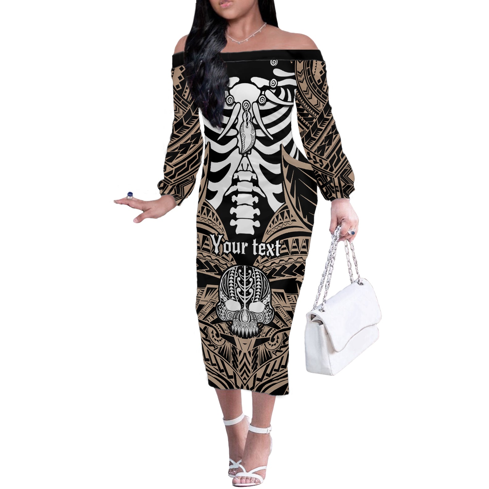 personalised-polynesia-skull-off-the-shoulder-long-sleeve-dress-with-boars-tusk-gold-arty-vibe