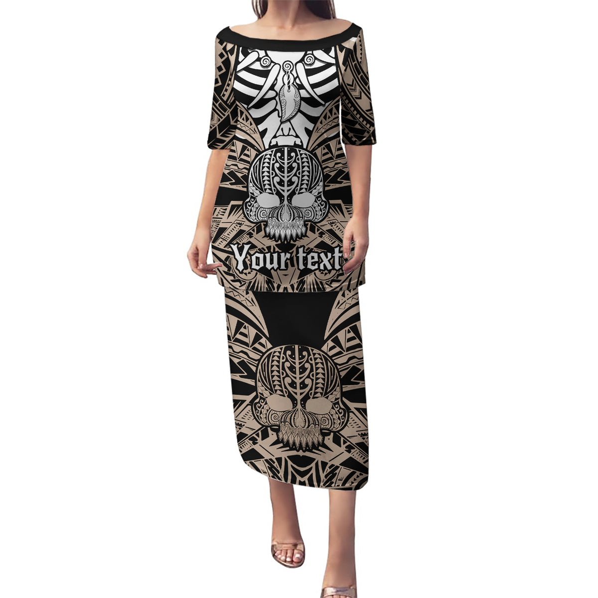 Personalised Polynesia Skull Puletasi With Boars Tusk Gold Arty Vibe LT9 Long Dress Gold - Polynesian Pride