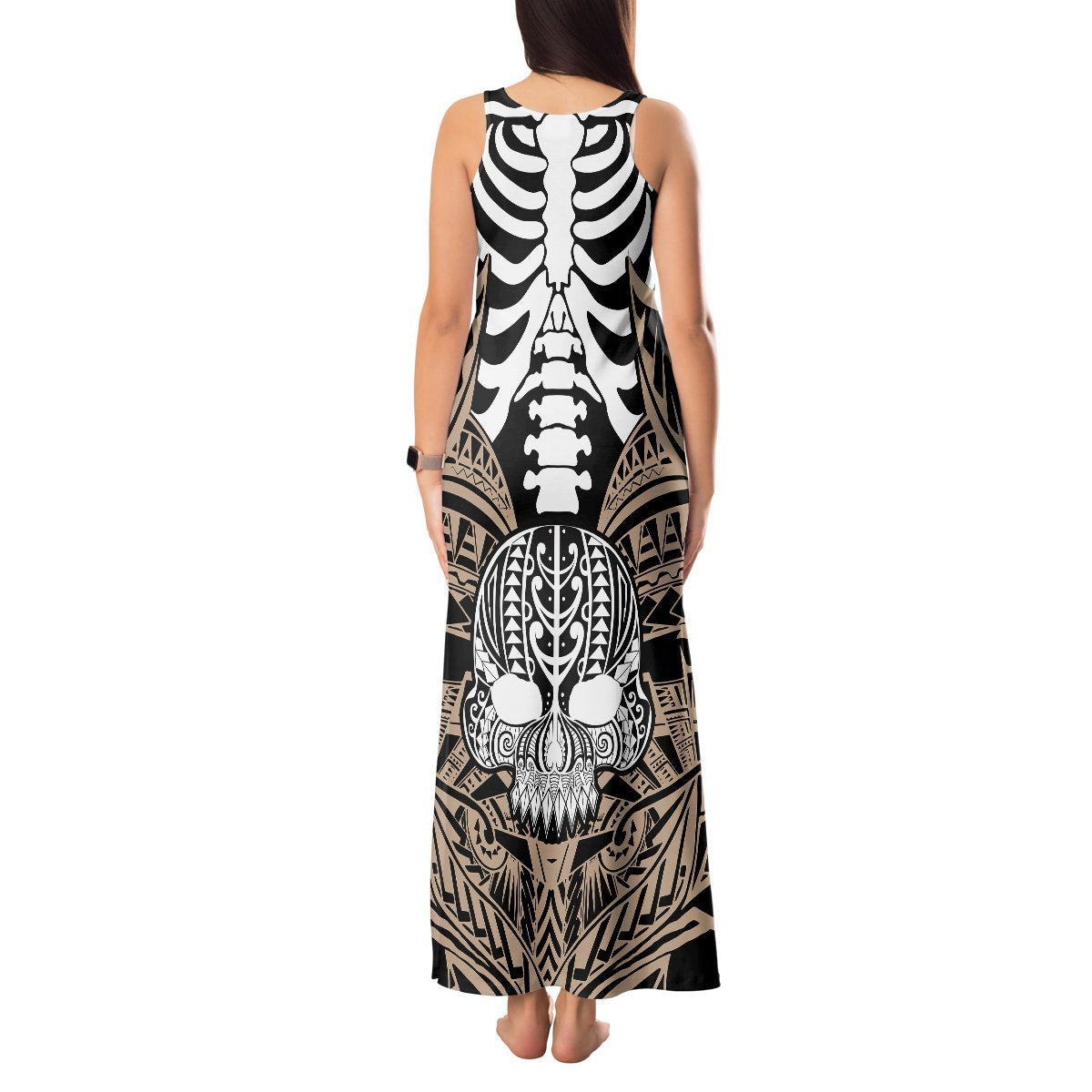 Personalised Polynesia Skull Tank Maxi Dress With Boars Tusk Gold Arty Vibe LT9 - Polynesian Pride