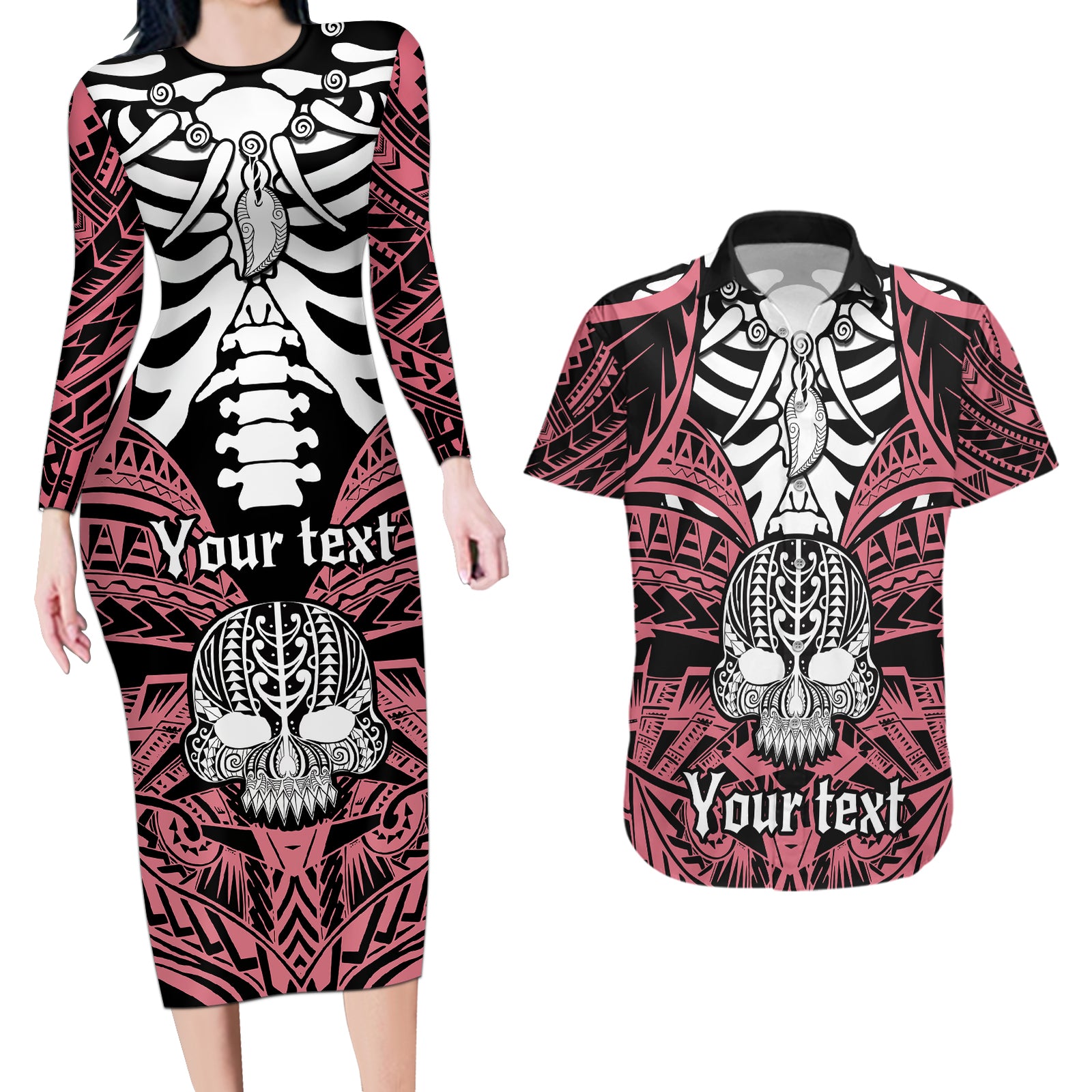 Personalised Polynesia Skull Couples Matching Long Sleeve Bodycon Dress and Hawaiian Shirt With Boars Tusk Pink Arty Vibe LT9 Pink - Polynesian Pride