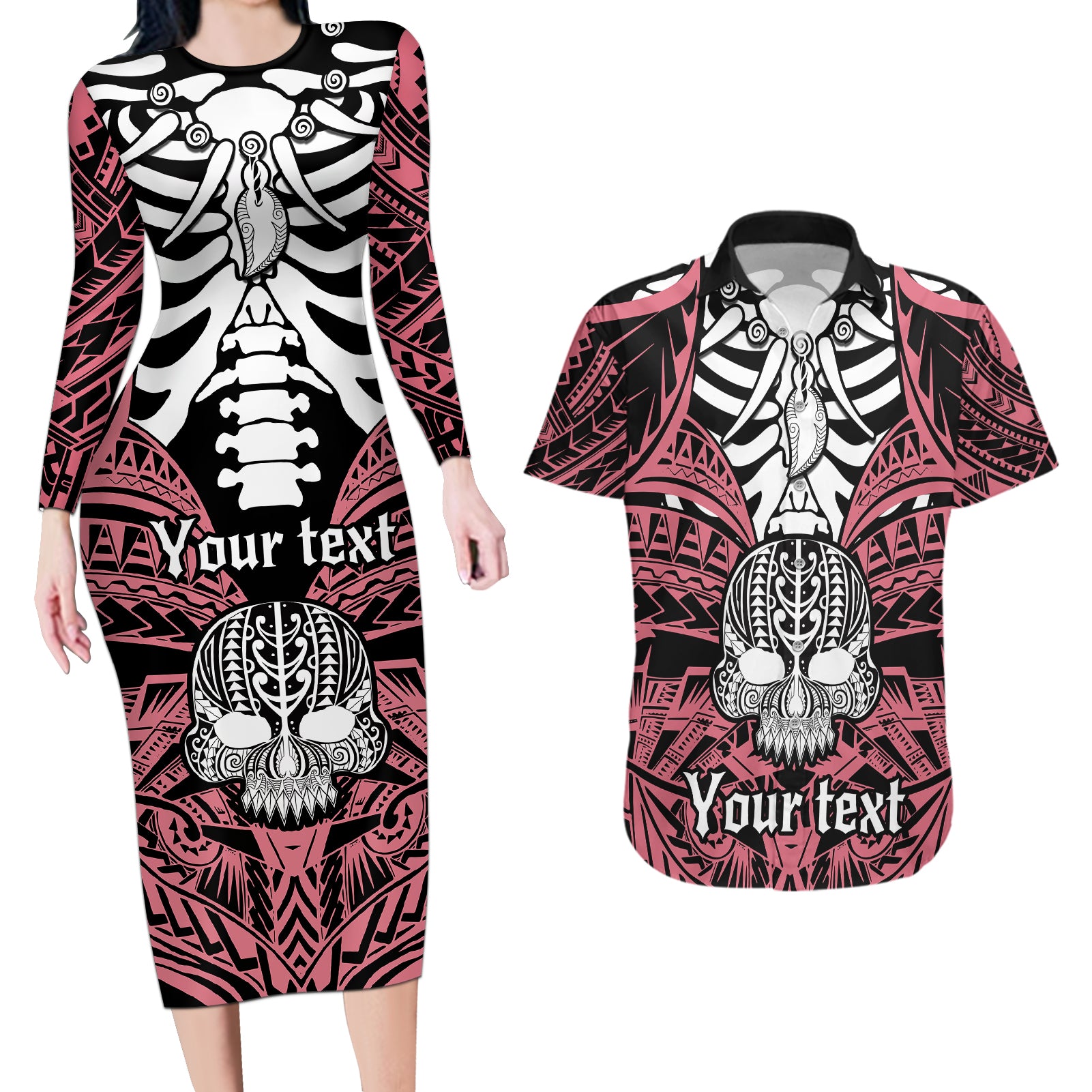 personalised-polynesia-skull-couples-matching-long-sleeve-bodycon-dress-and-hawaiian-shirt-with-boars-tusk-pink-arty-vibe