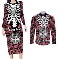 Personalised Polynesia Skull Couples Matching Long Sleeve Bodycon Dress and Long Sleeve Button Shirts With Boars Tusk Pink Arty Vibe LT9 Pink - Polynesian Pride