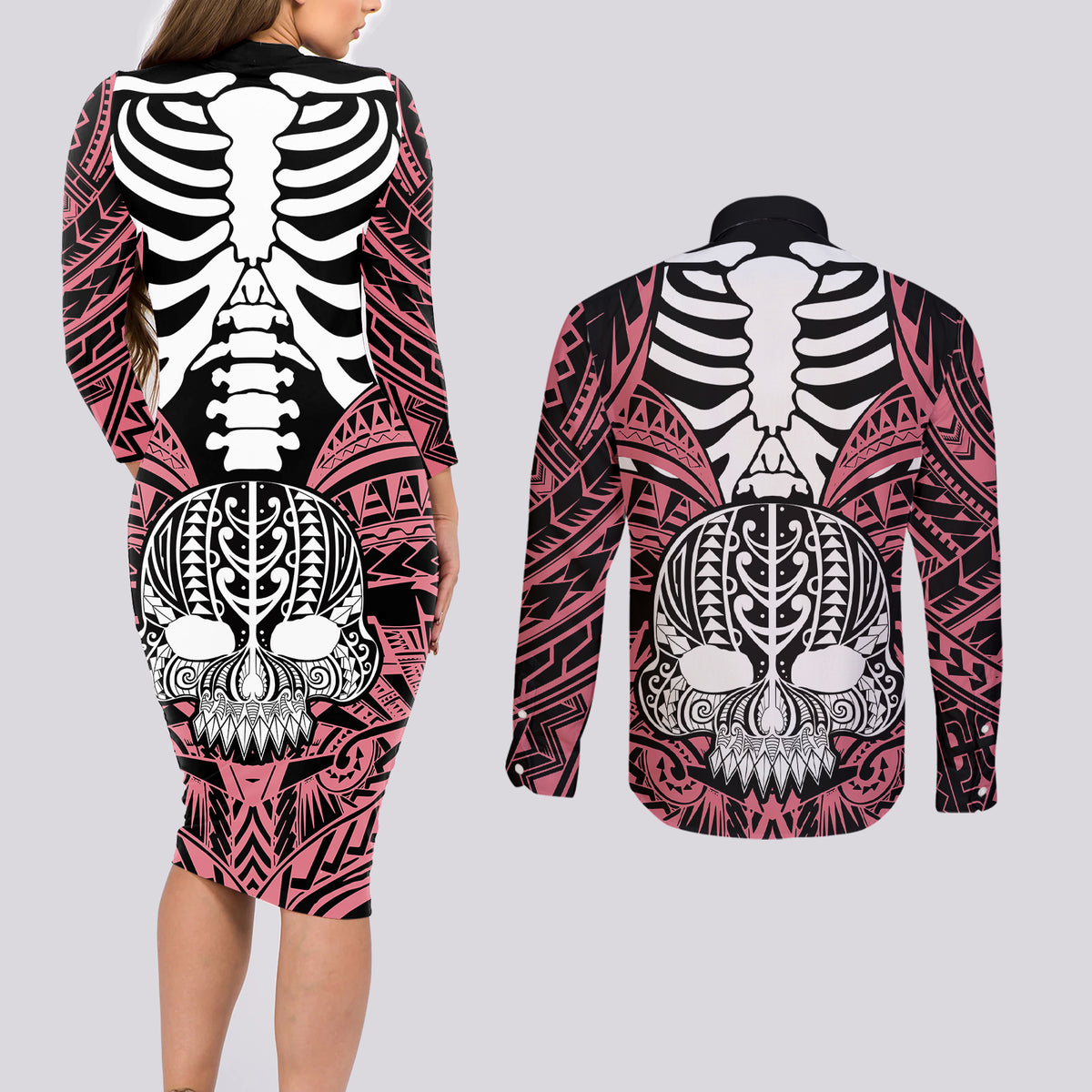 Personalised Polynesia Skull Couples Matching Long Sleeve Bodycon Dress and Long Sleeve Button Shirts With Boars Tusk Pink Arty Vibe LT9 - Polynesian Pride